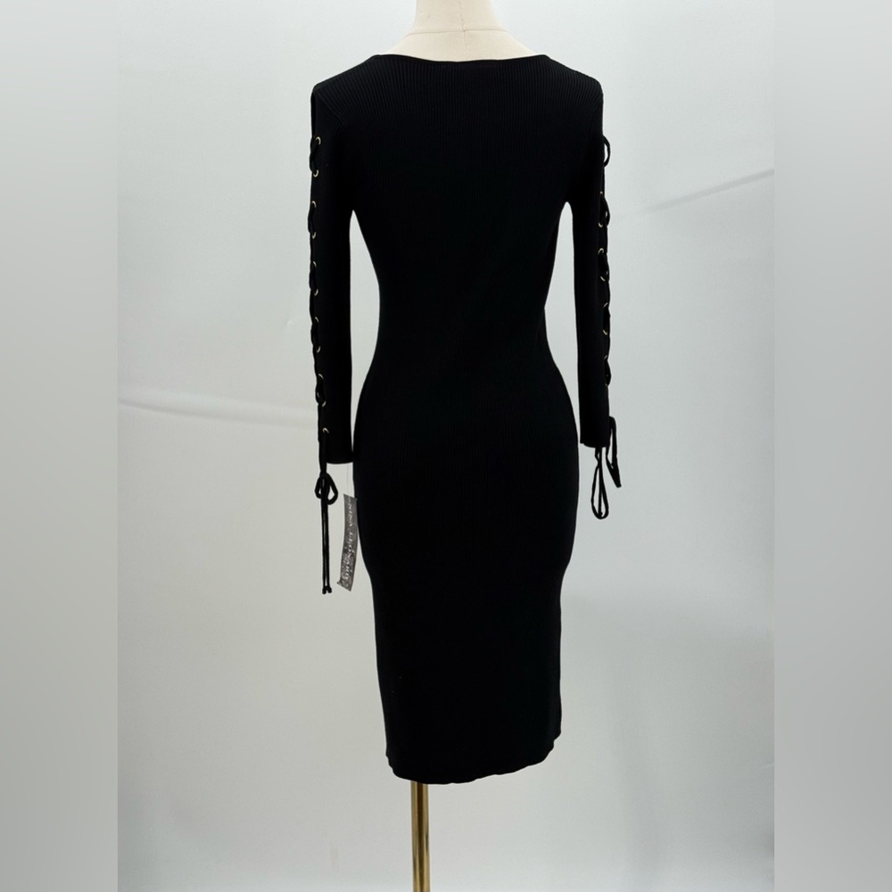 Nina Leonard Black Ribbed Knit Bodycon Long Sleeve Lace-Up Detail Sweater Dress - Picture 10 of 14